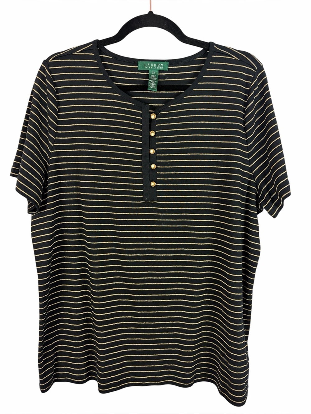 Lauren Ralph Lauren Black Gold Stripe Short Sleeve Top Plus Size 2X